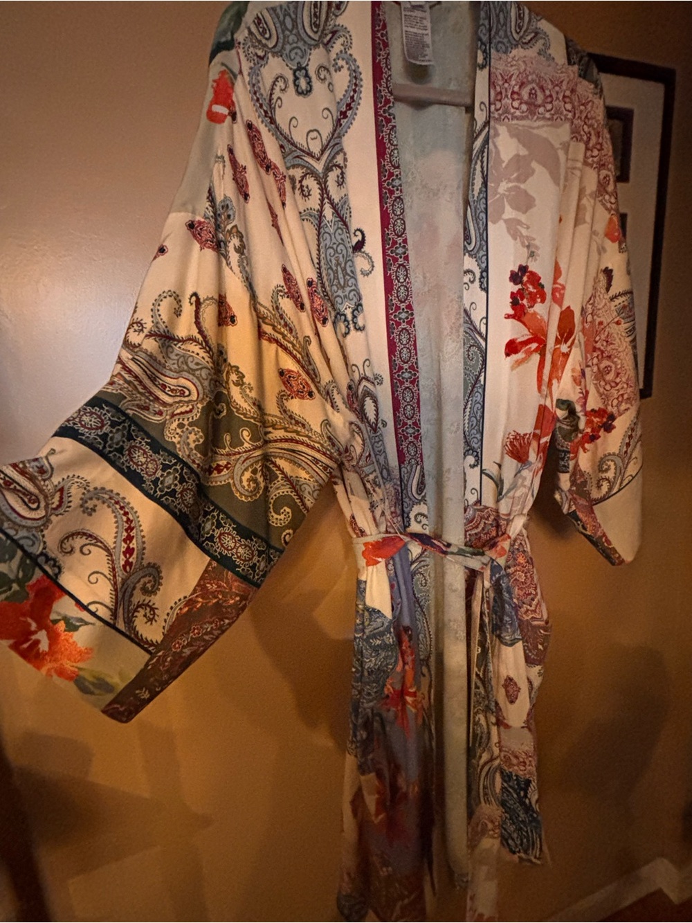 Chico's Cream Satin jacket with Green and Orange Paisley Floral Print